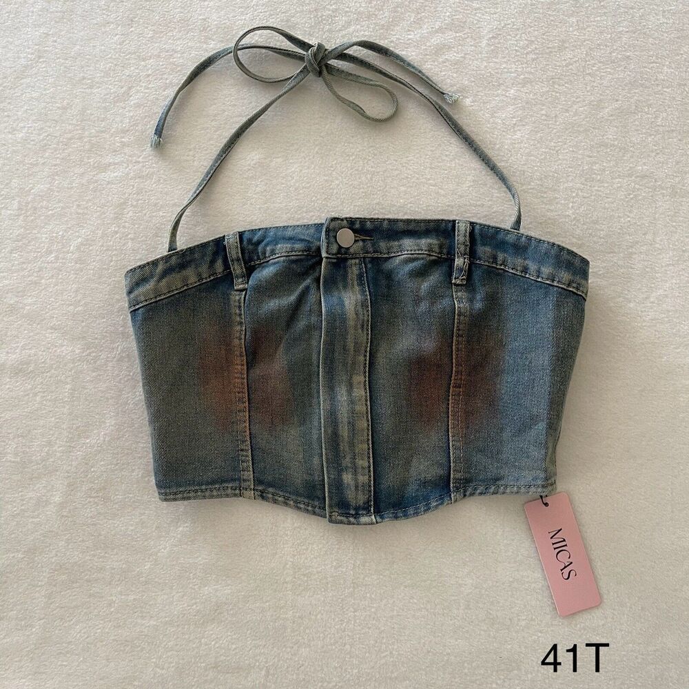 NWT Micas Rust Halter Denim Crop Top‎ Y2K Style Sz L Grunge Western